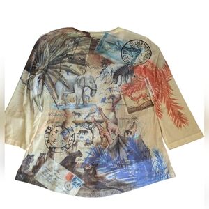 Chico's African 🐆🐘🦛🦏🦒🦓🦁passport colorful 3/4 sleeve top size2
